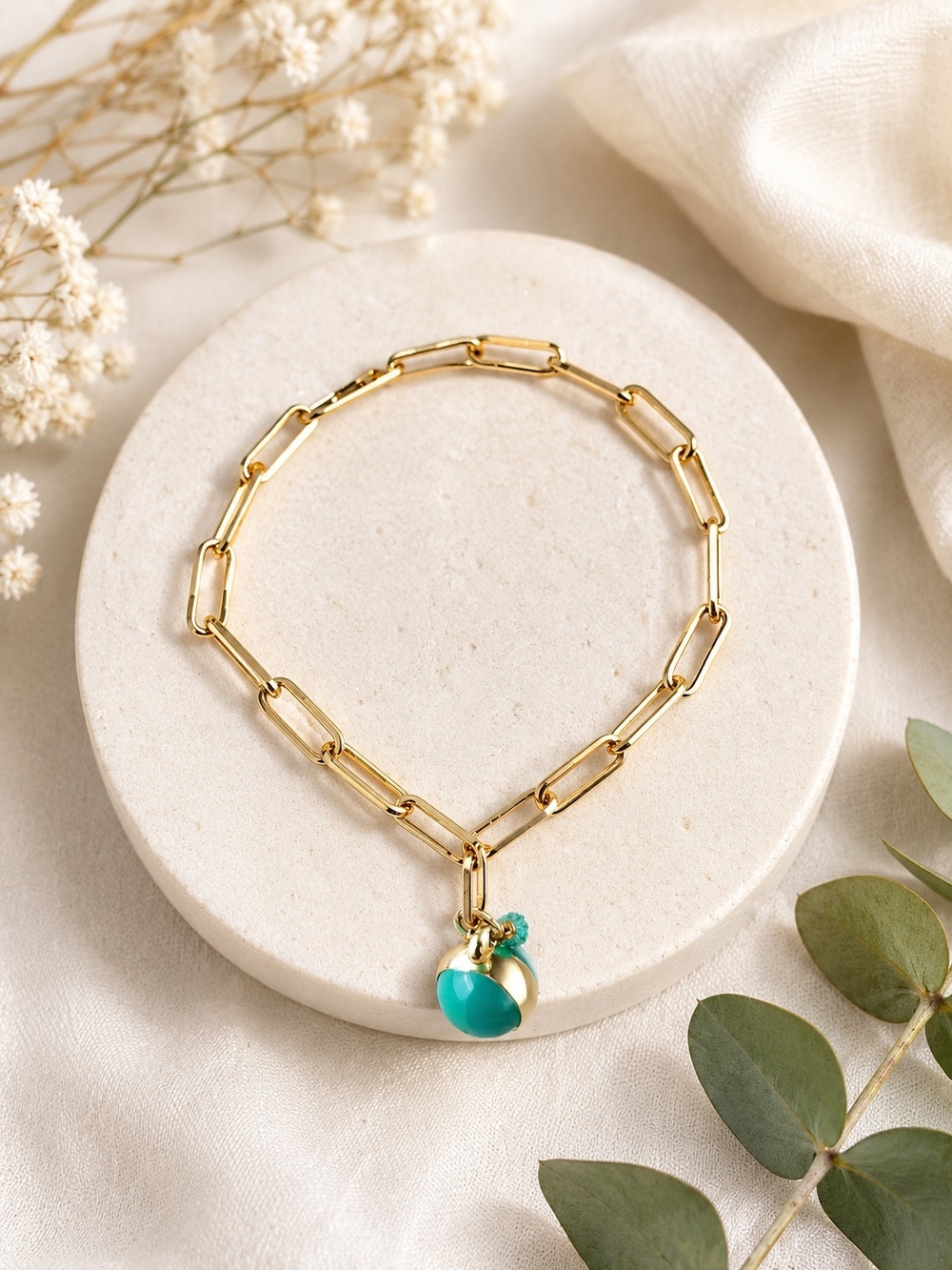 Gold Chain Bracelet with Turquoise Charm - Women's Jewelry